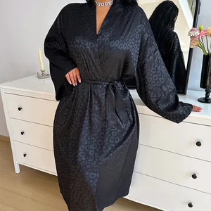 Cross-Border Fashionable Summer Dressing Gown Simple Cardigan Pajamas Lace-Up Elastic Waist Long-Sleeved Nightgown Thin Sexy