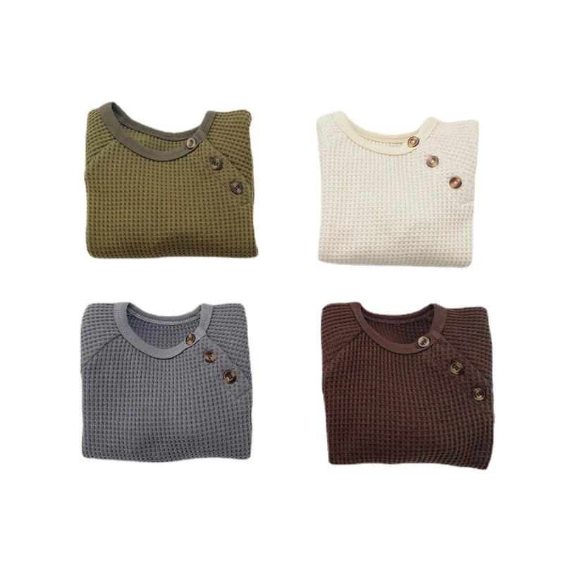 Spring and Autumn New Infant Baby Simple Waffle Loose Pullover Long Sleeve Top Sweater