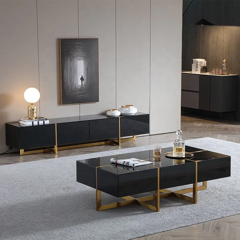 Luxury Black Wood Golden Tv Unit And Coffee Table Set With Glass Top
