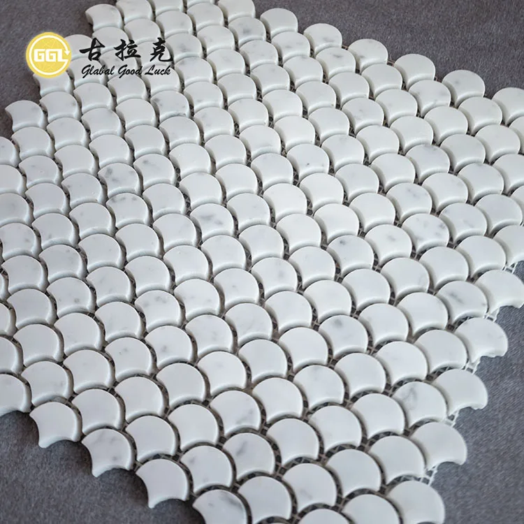 Interior Decorative Calacatta White Fan Shape Marble Mosaic Tiles details