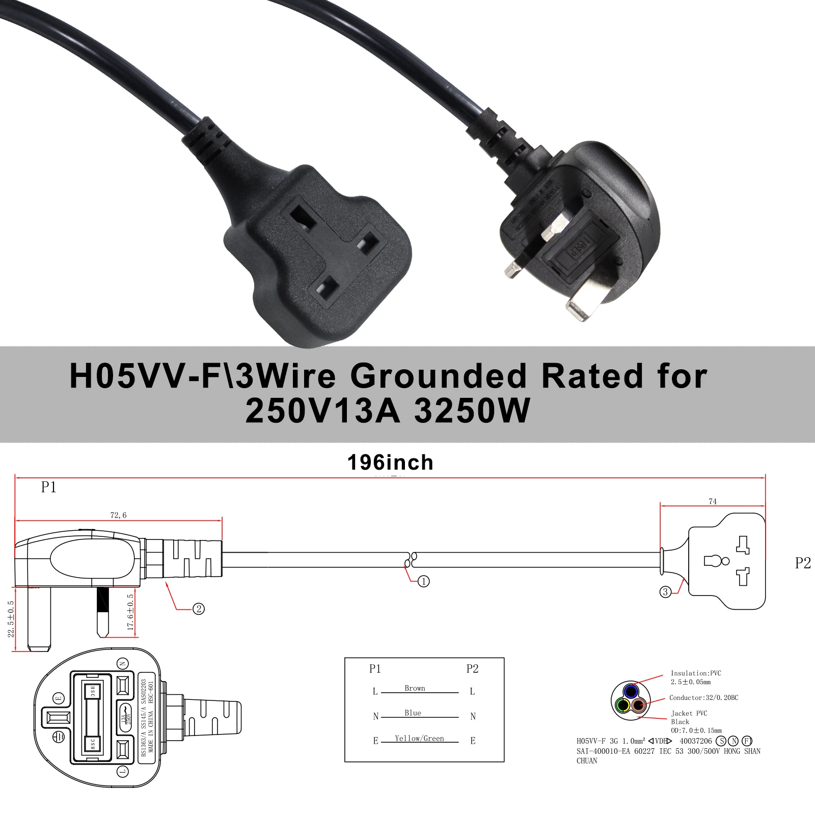 15a Black Type Electric Plug Cable 220v 12v Adapter Cctv Insulated Copper Cord Uk Ac Power Socket With Fuse 10