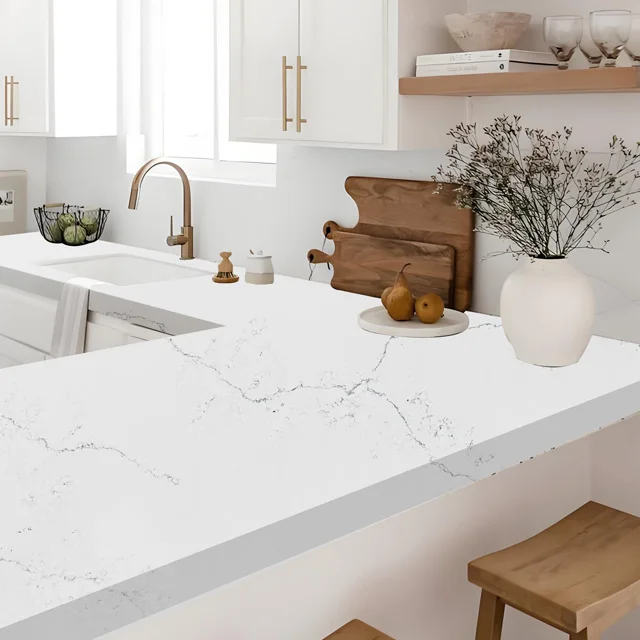 Customized Modern Natural Quartz Stone Countertops Table Tops Kitchen Island Calacata White Eco-Friendly 5-Year Warranty Factory