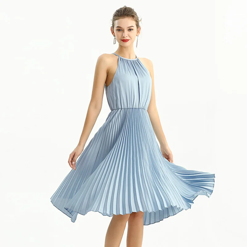 D208 2021 Summer Fall High Quality Fashion Elegant Sleeveless Pleat Short Women Evening Party Formal Casual Dress7474750