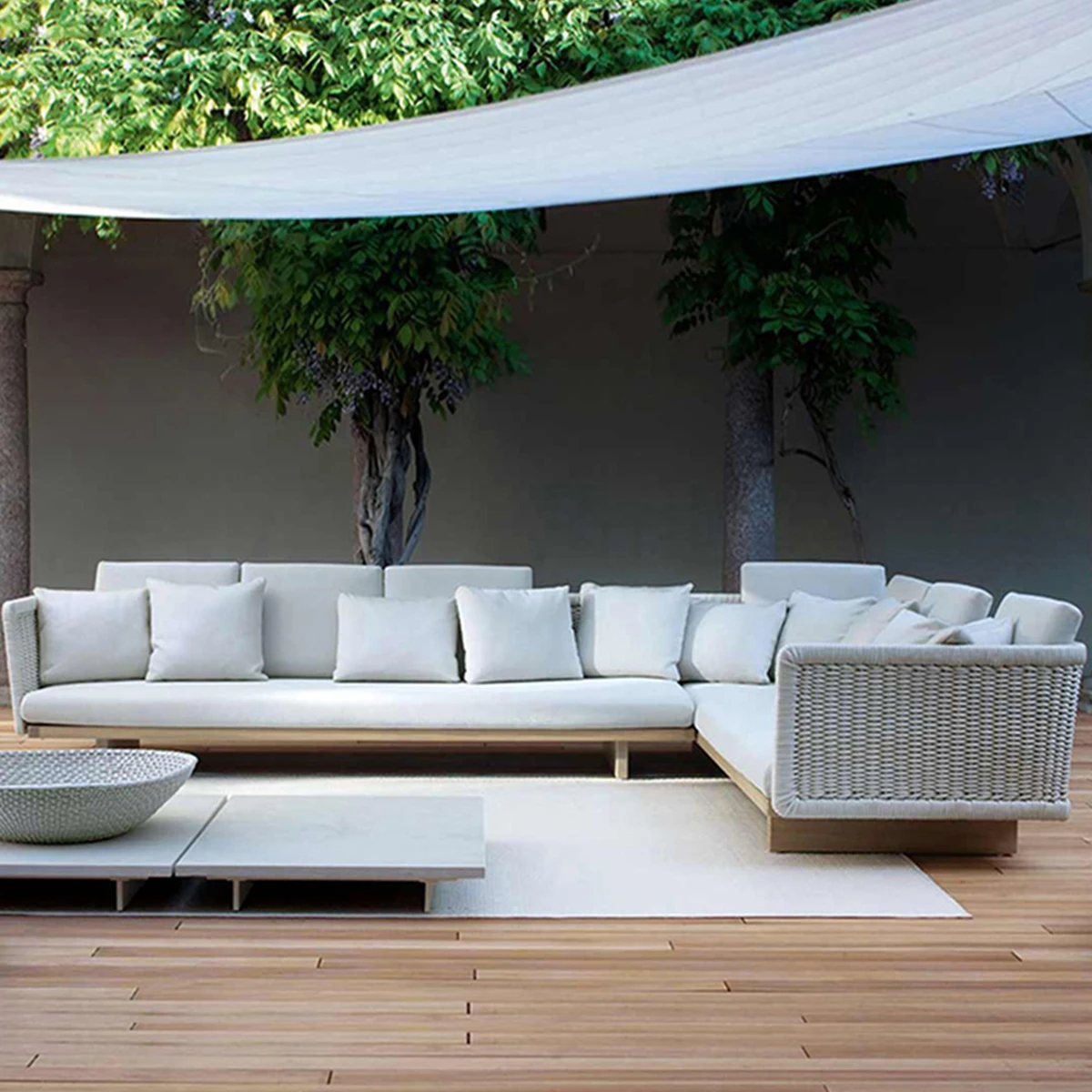 restoration harfware bali l shape exterior veranda patio rattan garden white wicker outdoor furniture sofa