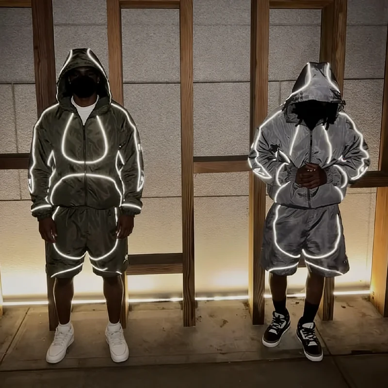 Custom Shell Track Jogging Suit Waterproof Polyester Oversized Zip up Hoodie Jacket and Short Set Reflective Nylon Tracksuit Men gallery 2