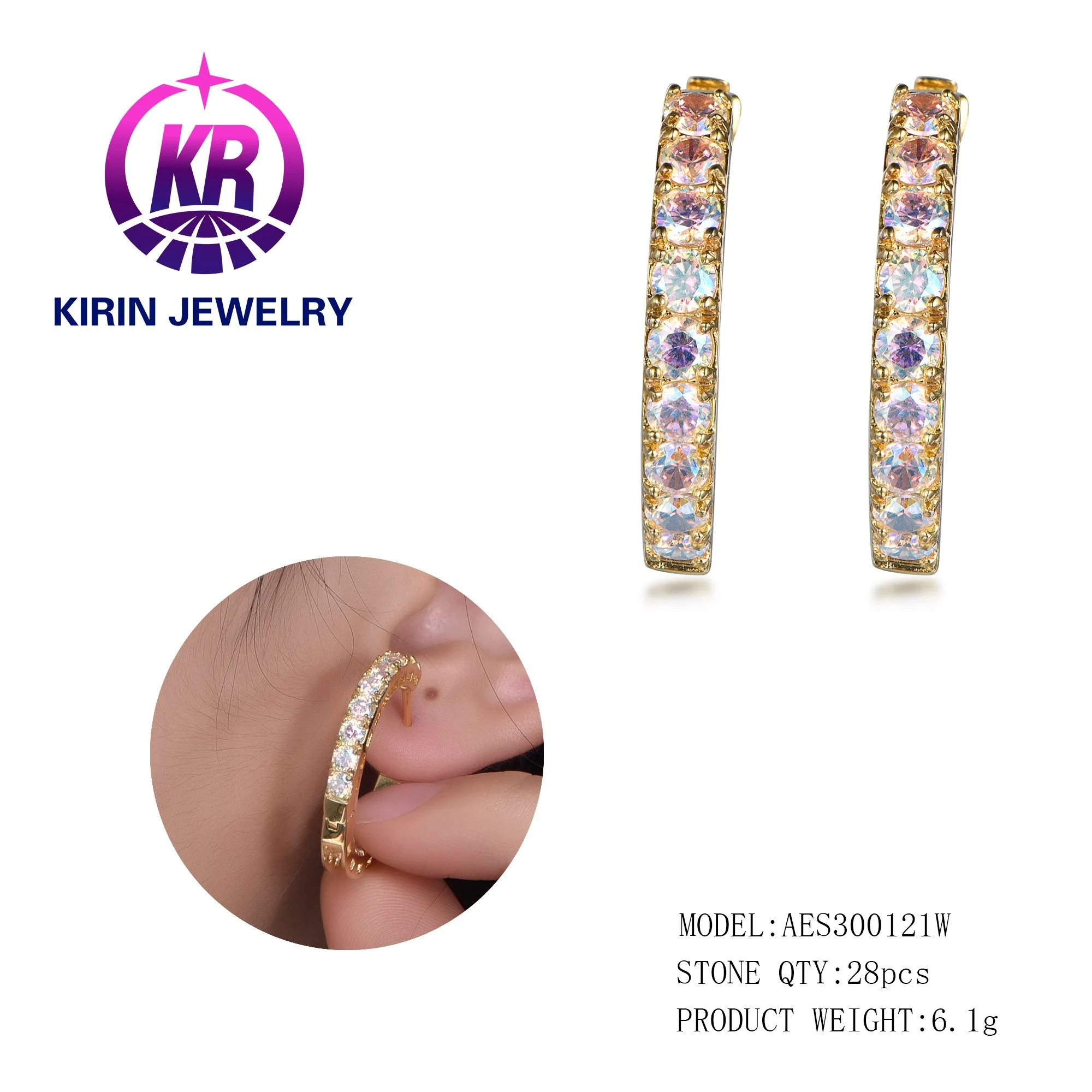 18K Gold Endless Hoop Earrings Oversized Colorful White Stones CC Pink Crystal Gem Quartz Huggie earrings