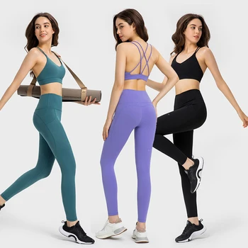 AA034DQ Butt Lifting Leggings for Women Pockets Workout High Waisted Tummy Control Running Yoga Pants and bra activewear sets