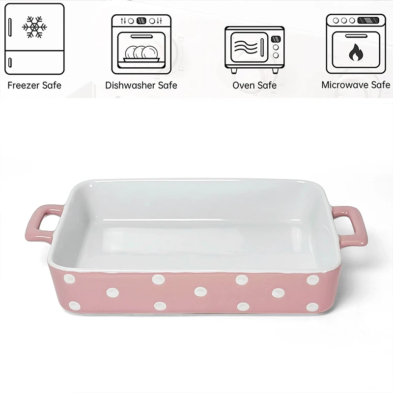 New Design Polka Dot Baking Pan Rectangular Oven Dish Baking Tray Oven Safe  Ceramic Baking Dish with Big Handle