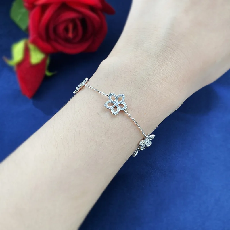 New S925 Silver Hollow Five Petal Flower Bracelet for Women