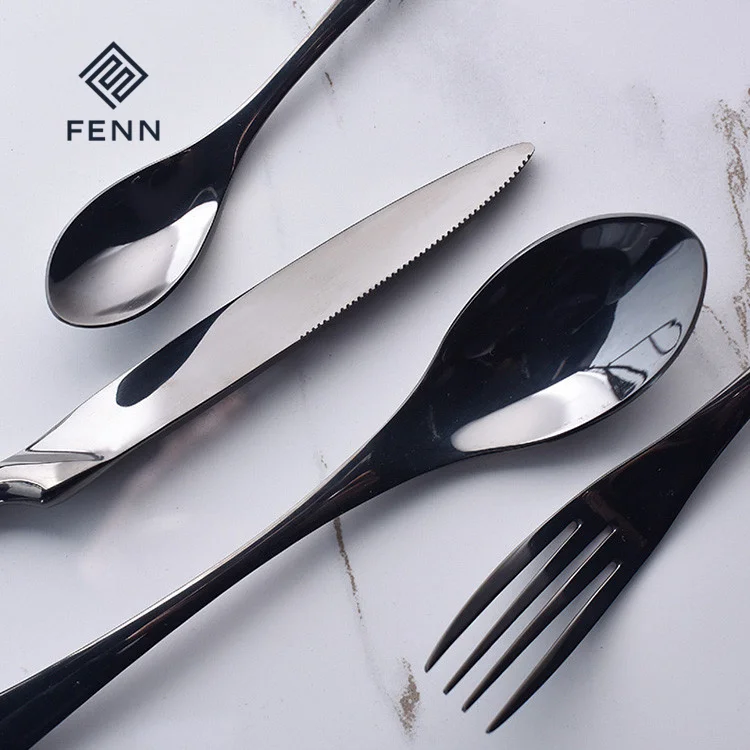 FENN Wholesale Luxury 4Pcs Stainless Steel Flatware Knife Spoon and Fork Set Mirror Silver Black Color Hotel Wedding Cutlery Set