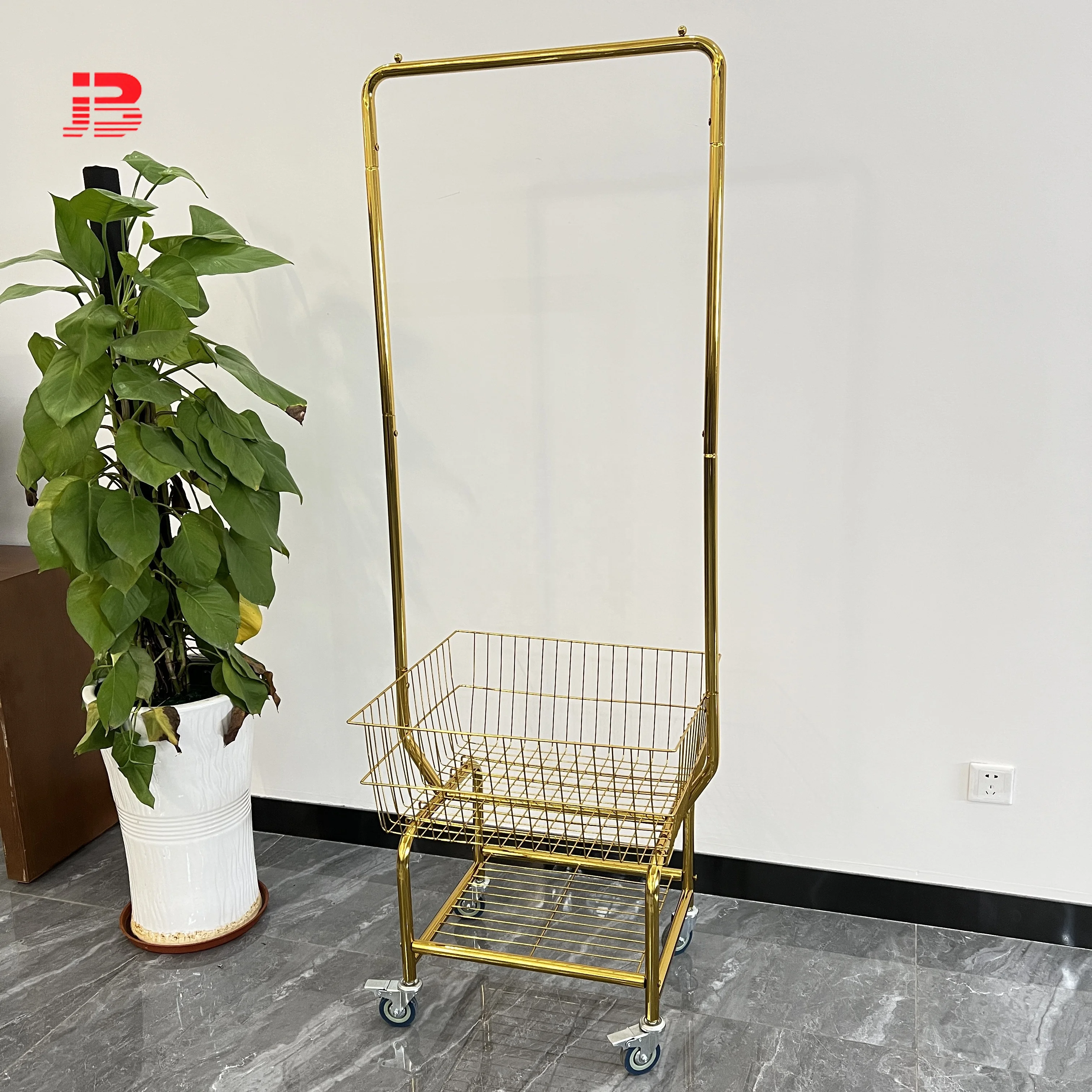 Golden floor drying clothes rack bedroom with storage basket clothes and hat rack balcony removable hangers factory