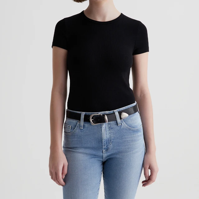 OEM/ODM Women's Slim-Fit Cotton Soft Tee - Soft Rib Knit Fabric, Breathable Black Short Sleeve, Self-Bound Crew Neckline