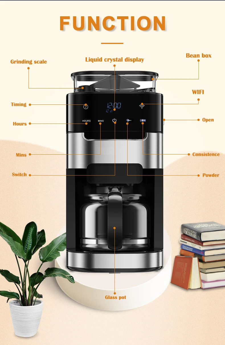 Oem Wifi 1.5l Black Automatic Drip Coffee Machine With Grinder Coffee