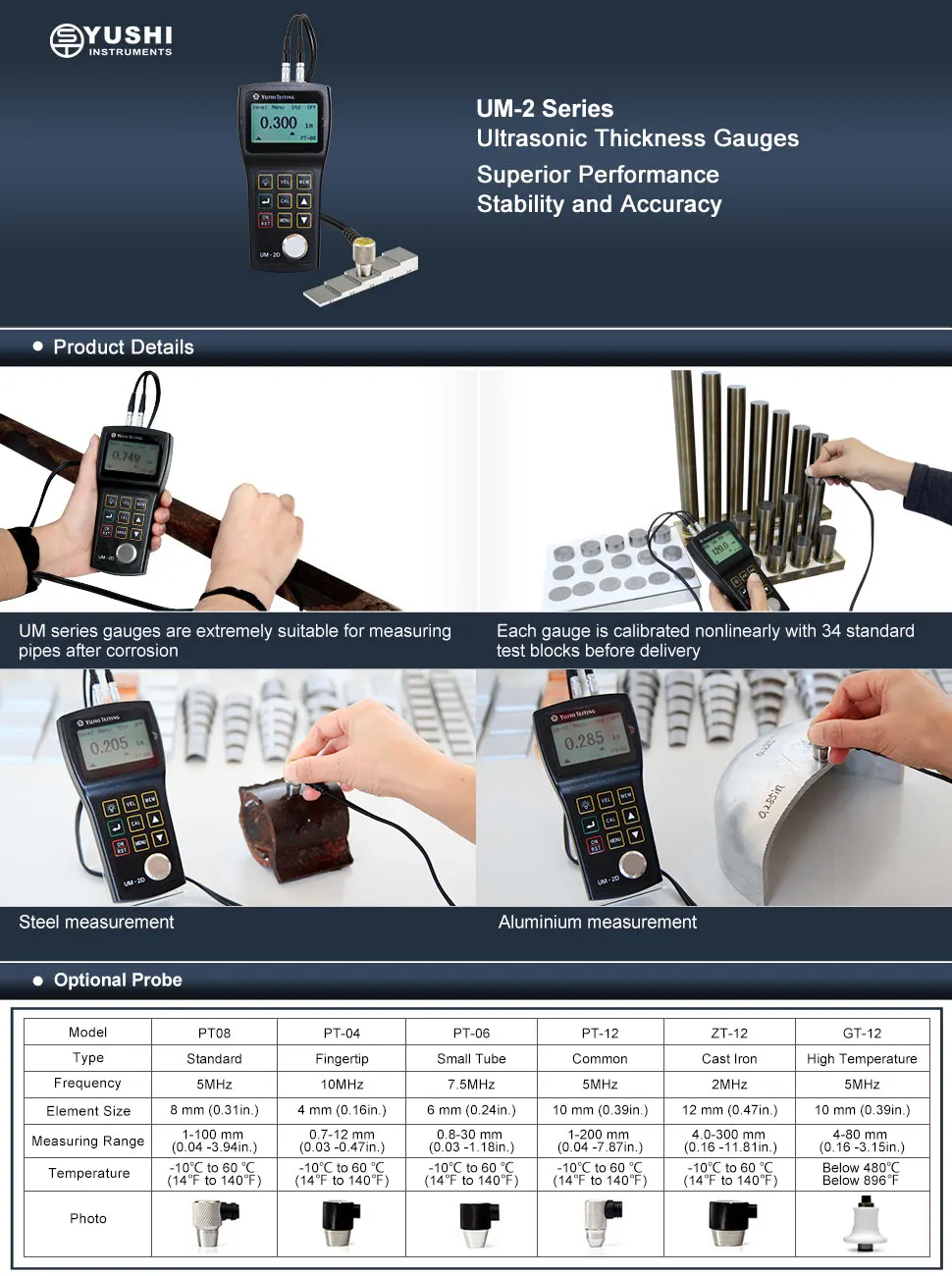 UM-2 Portable Ultrasonic Thickness Gauge 0.01mm Resolution with PT-08 Probe PVC and Metal Thickness Tester