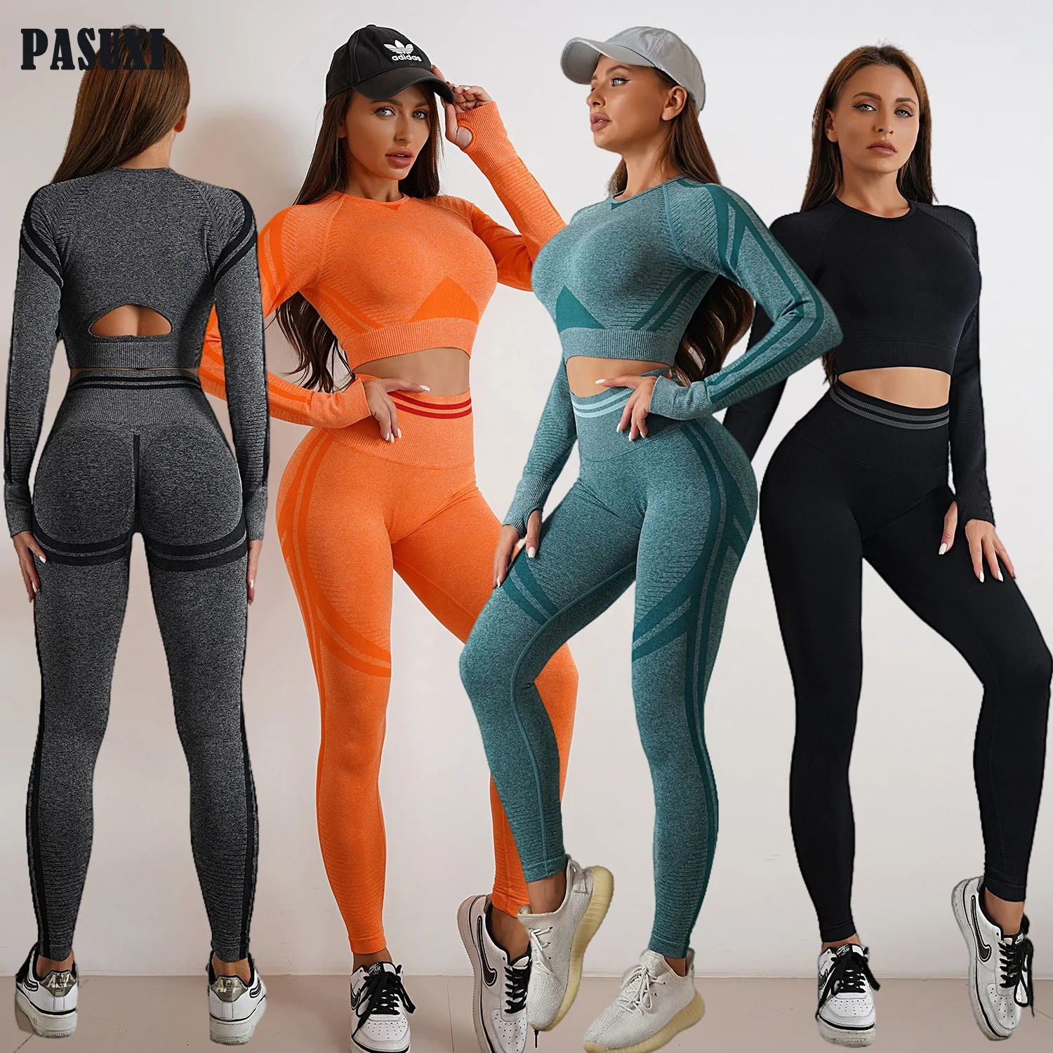 Pasuxi Women Seamless Yoga Set Gym Clothing Fitness Leggings+ Long ...