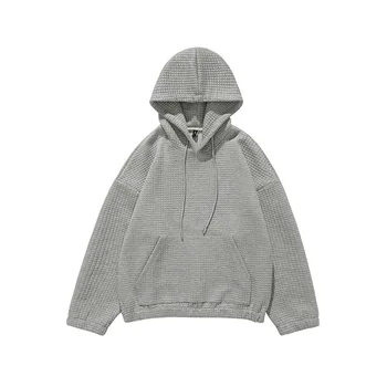 2022 new fashion trend youth solid color Pullover waffle loose Hoodie men