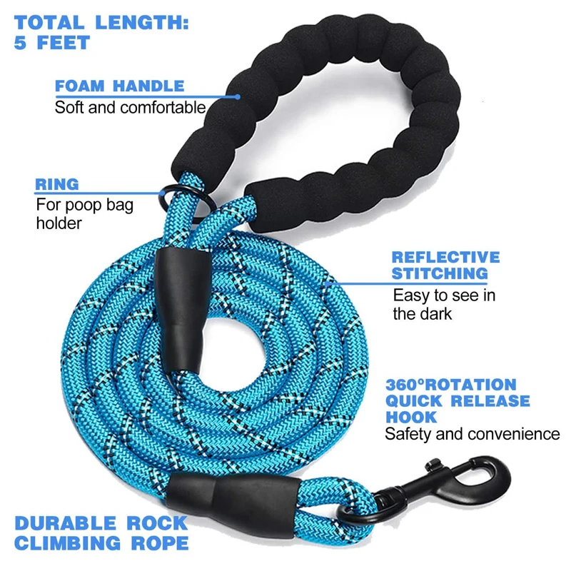 Hot Sale 5ft Heavy Duty Leash Pet Reflective Training Tracking Nylon Rope Dog Lead Dog Leash