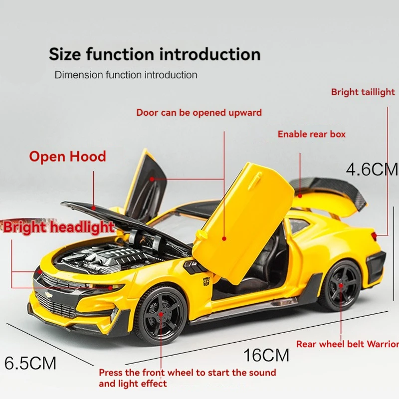 Diecast 1:32 Alloy Model Camaro Hornet with Sound and Light Pullback Doors Open Metal Car Model Display Collection Toy