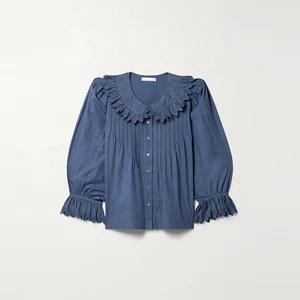 Clothing Manufacturer Custom Spring Autumn Blue Lapel Long Sleeve Embroidered Cotton Elegant Casual Women Blouse Shirt