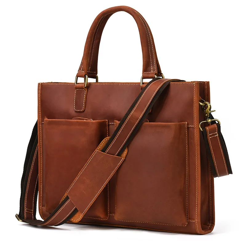 Men's Leather Briefcase Crazy Horse Leather Tote Leather Shoulder Messenger Bag Business Bag 14