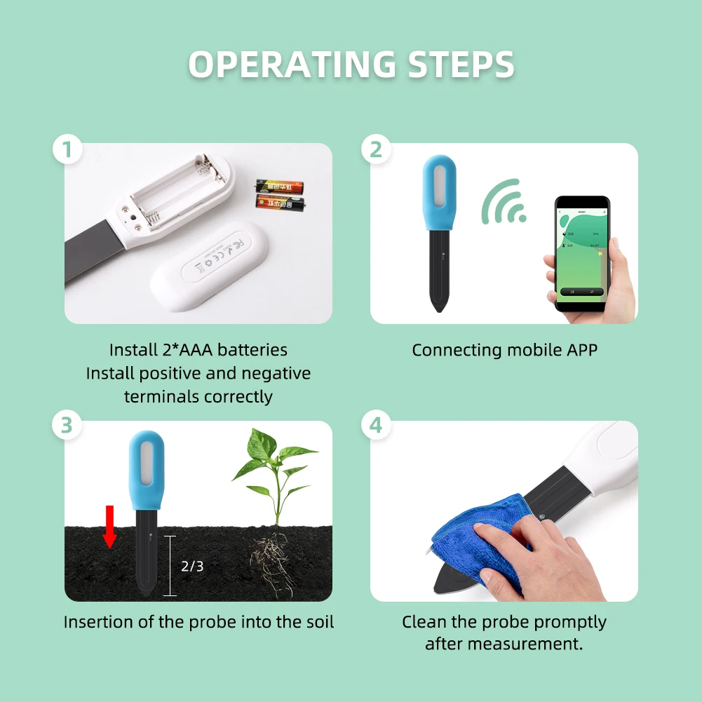 Soil Moisture Meter 4 in 1,Plant Water Monitor,Automatically Detect Moisture/Temperature/Light/Fertility,Can Connect to Mobile Phone Via Bluetooth