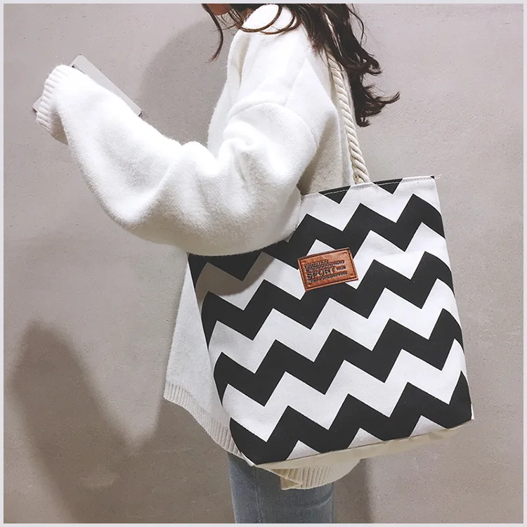Wholesale Cheap Price Korean Simple Stripe Canvas Single Shoulder Bag For Women Daily Shopping Tote