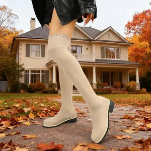 Fall Winter Thick-Soled Leather Boot Large Size Knee Height Flying Knit Thigh High Boots for Women Over-the-Knee for Autumn