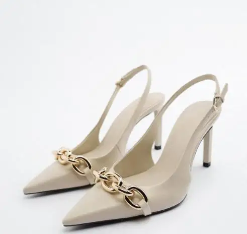 Brands Pointed Head Women High Heel Shoes Office Formal Ladies Dress  Wedding Bridal Metal Chain Shine Stiletto Heels Sandal