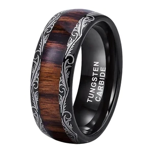 Coolstyle Jewelry 8mm Black Tungsten Ring for Men Women Wedding Band Koa Wood Inlay Floral Pattern Engraved Domed Comfort Fit