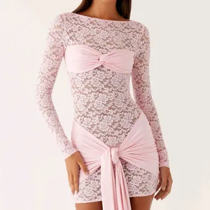 New Arrivals 2026 Women Boutique Sky Blue Elegant Lace Long Sleeve Dress