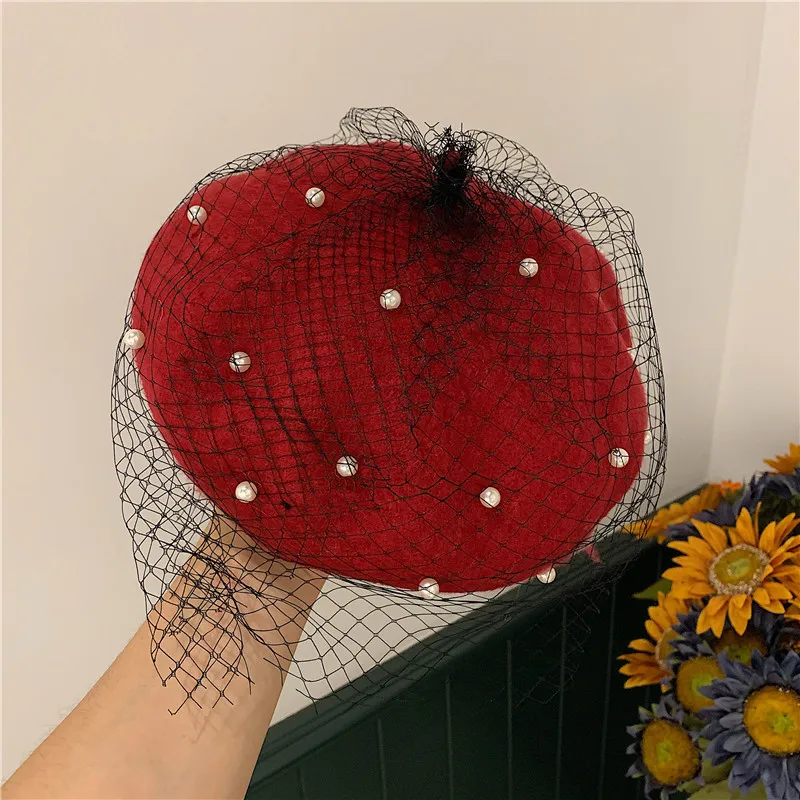 3936 Vintage Wool French Beret Hat, Wine Red With Black Mesh Veil, Pearl Vintage Wool French Beret Hat, Wine Red with Black Mesh Veil  main image 4