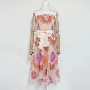 Factory Wholesale Runway Fashion Party Dress Women Spring Summer Strapless 3D Appliques Flower Elegant Midi Embroidery Female