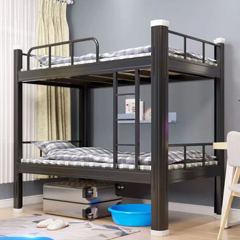 Queen Size Metal Bunk Bed with Sturdy Double Layer Frame and Guardrail for Dormitory
