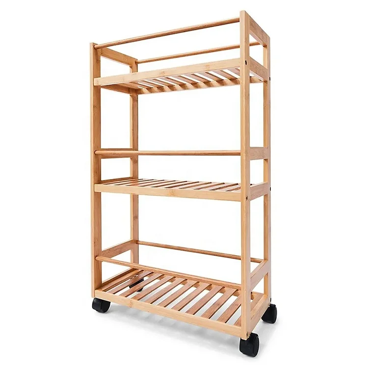 3 Layer Movable Corner Bamboo Bathroom Kitchen Storage Shelf Rack with Wheel
