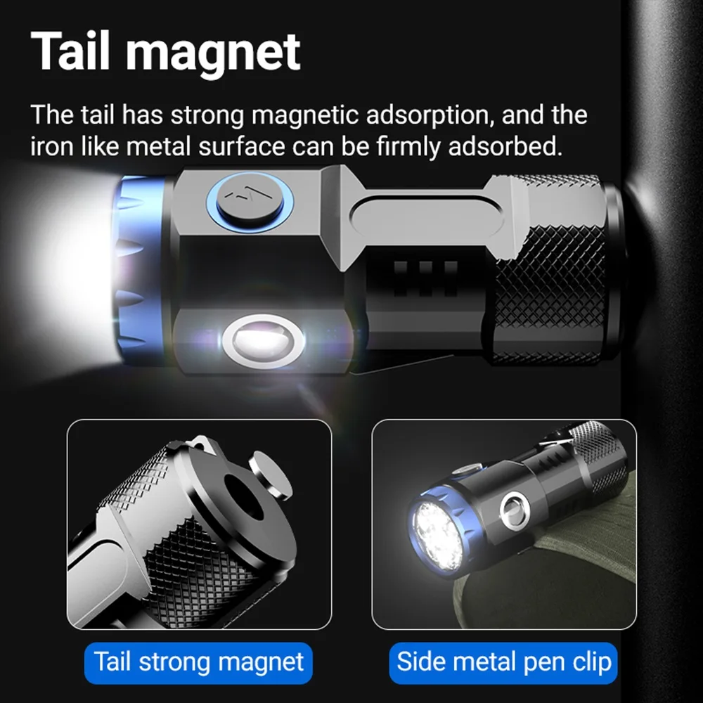 6x Led High Bright Mini Palm Small Flashlight USB Rechargeable Portable Magnet Torch Outdoor Hiking Camping Home Work Car Torch