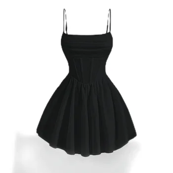 Spring New Fashion Euro-American Ladys Wear Summer Backless Strap Slim Sexy Corset Mini Short Skirt Black Dress