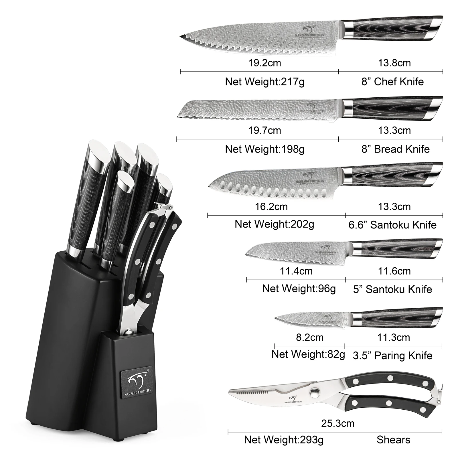 Professionele 7-delige Santoku broodmessenset met lemmet van koolstofstaal en handvat van pakkahout._voghion.com
