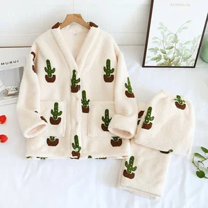Customize Pyjamas Sleepwear Manufacturers Flannel Pajamas Long-sleeved Trousers Two-piece Thick Warmth Cute Soft Loose Homewear