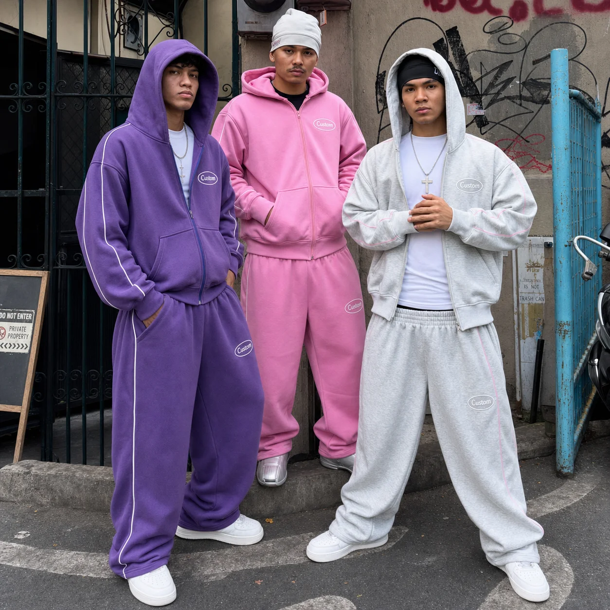 Wholesale Custom Heavy Terry Fabric Mens Autumn Streetwear All Over Printed Side Stripe Zip-Up Hoodie Sweatpants Set gallery 8