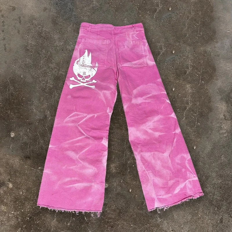 Custom Hip Hop Streetwear Unisex Print Ripped Acid Wash Baggy Oversized Straight Wide Leg Flared Jean Trouser Denim Pant for Men gallery 3