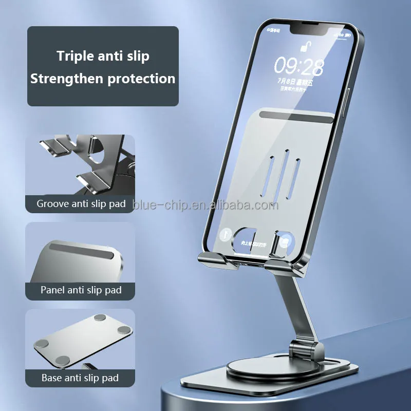 Support Tablette Et Téléphone Rotatif 360° – Pliable En Aluminium, Stable Et Ajustable 4,5 à 13 Pouces