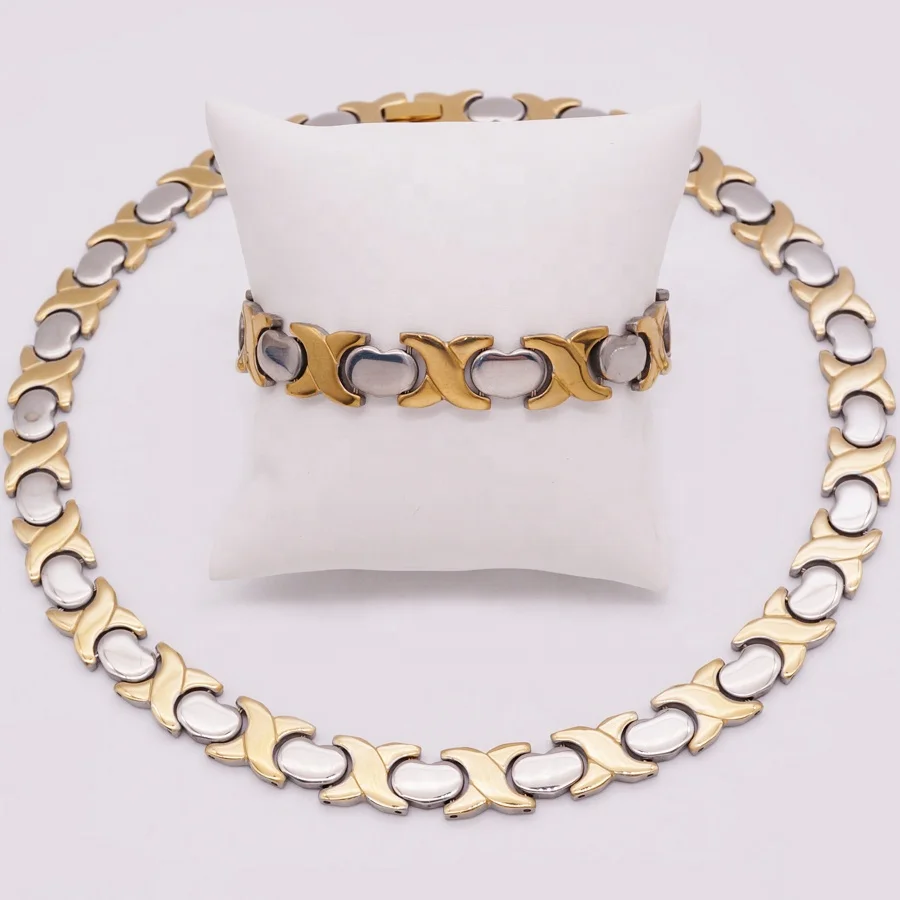 Best Selling Stainless Steel XOXO Necklace Bangle Golden X Silver Plated  Heart Jewelry Set