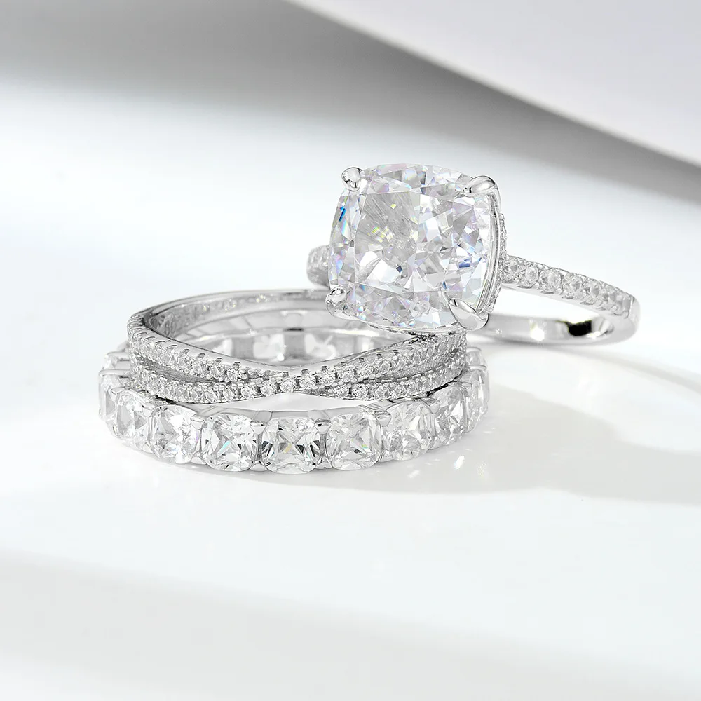 925 Sterling Silver Lab Diamond Wedding Ring Combination Ring 10*10 Ice Flower Cut Simulation Diamond
