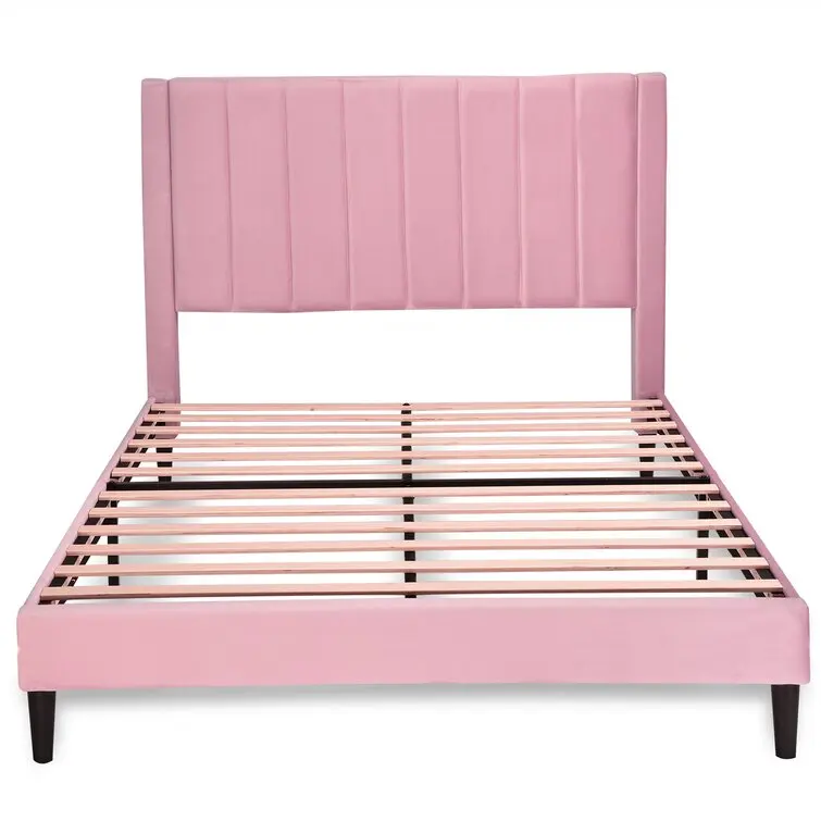 Upholstered Bed Frame With Headboard No Box Spring Needed Pink Bed ...