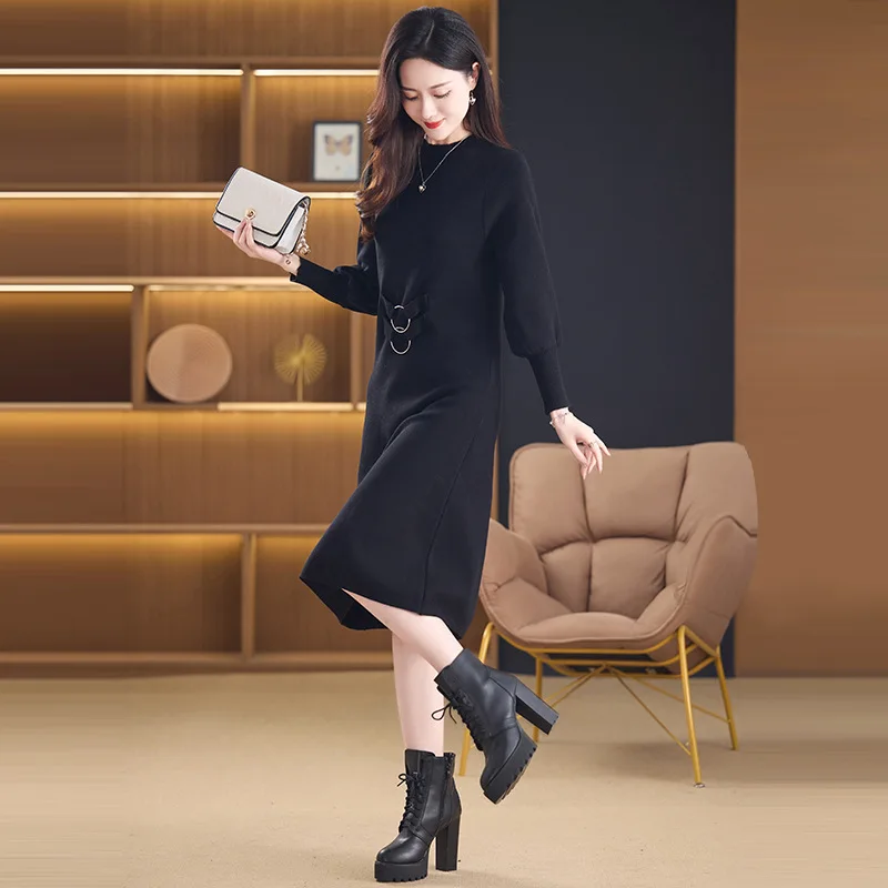 Fashionable Loose Fit Women's Autumn Long Sleeve Dress With Belt