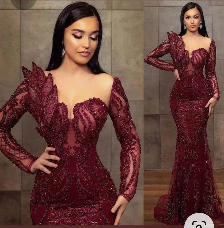 S567q 2023 New Wine Red Beaded Tube Top Long-sleeved Hip Fishtail Sexy ...