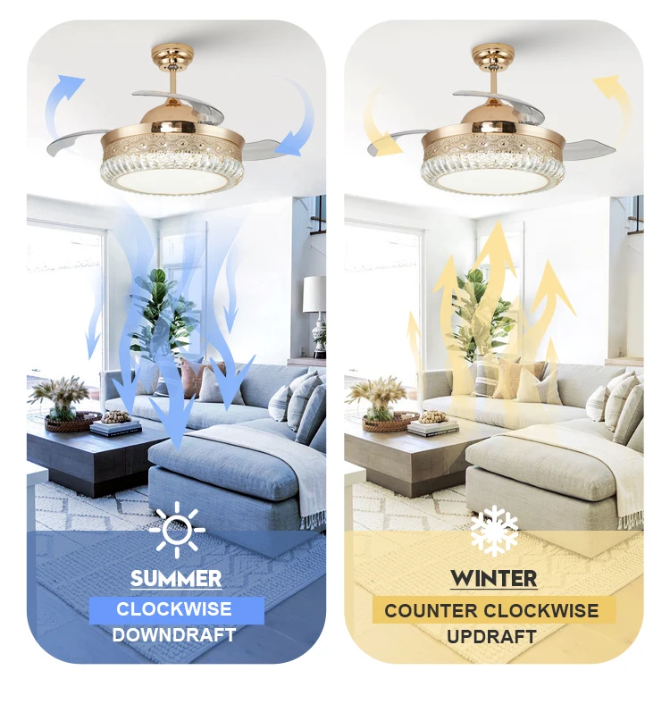 42 inches Modern Luxury Crystal Remote Chandelier Invisible Retractable Ceiling Fan Light