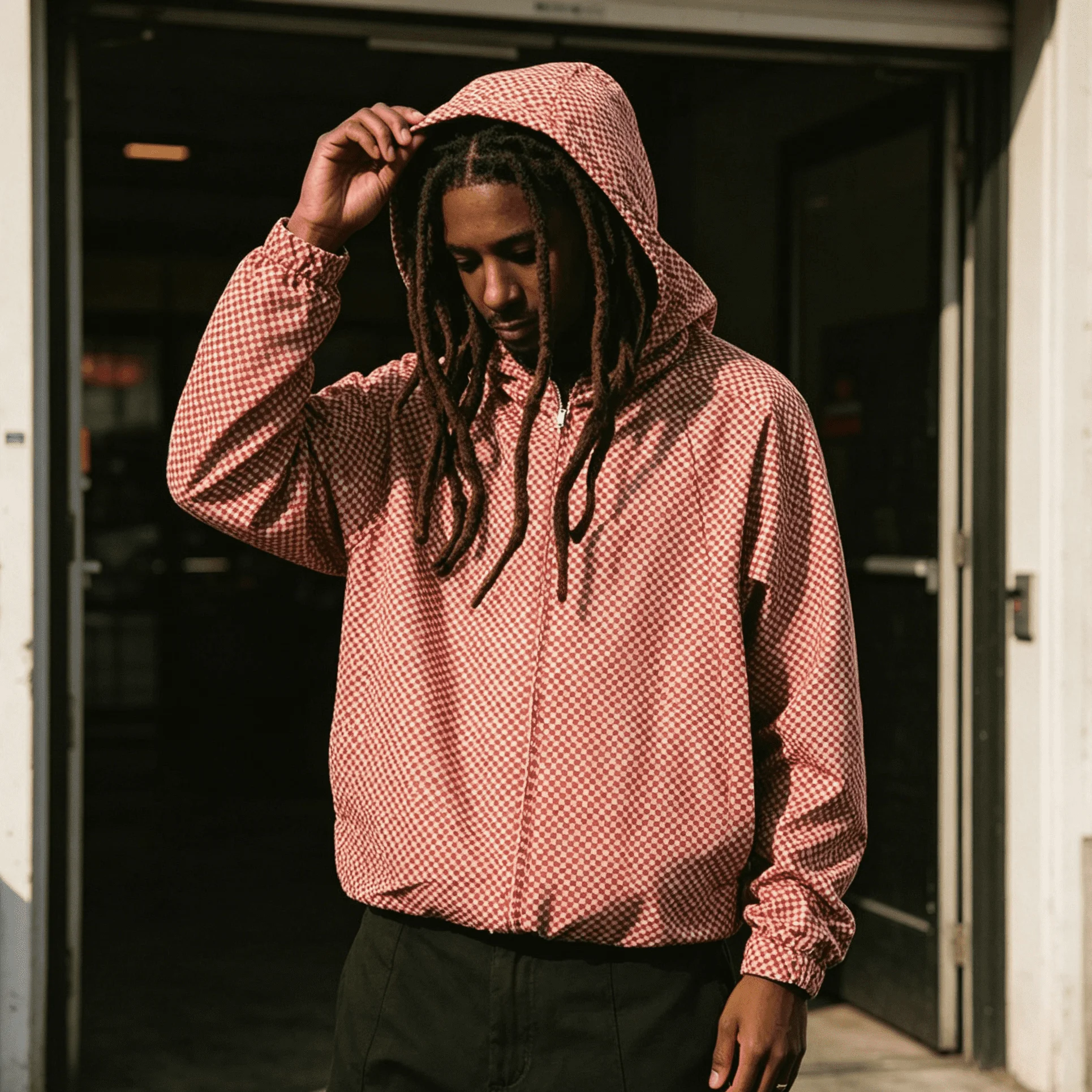 Custom OEM Minimal Micro Check Hooded Wind Jacket Cropped Drawstring Nylon Zip Outerwear Urban Daily Commute Casual Wear gallery 5