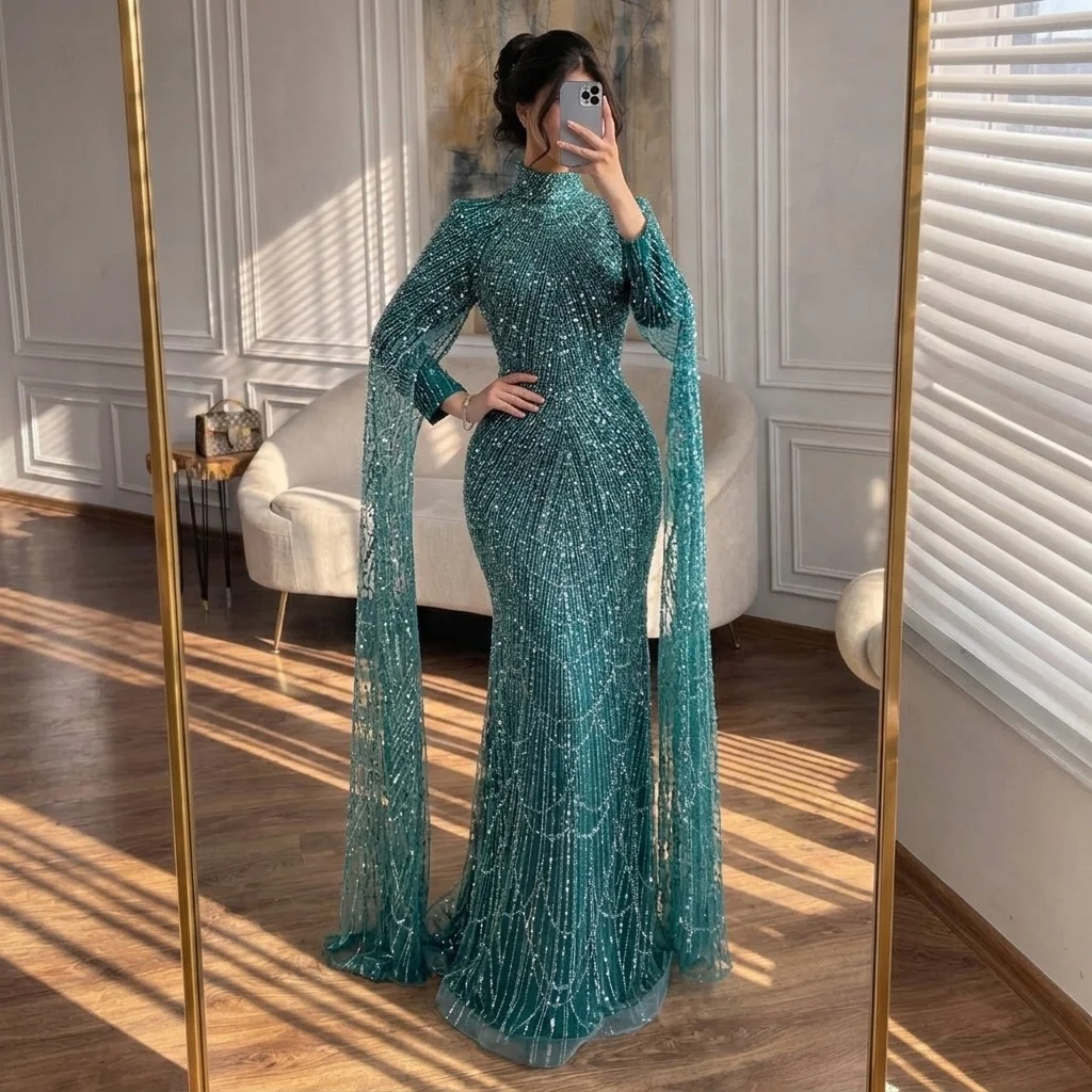 Plus Size Green High Neck Cape Sleeves Muslim Evening Long Dress Serene  Hill LA72591 Pearls Beaded Party Gowns for Women
