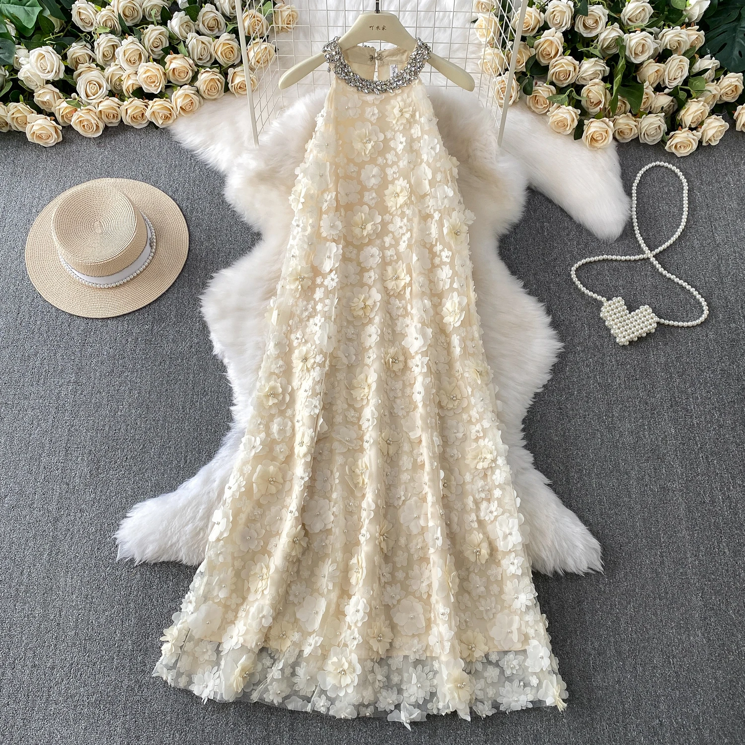 Diamond studded Halter Dress Beaded Three-dimensional Flower Super fairy  Princess Long Dress